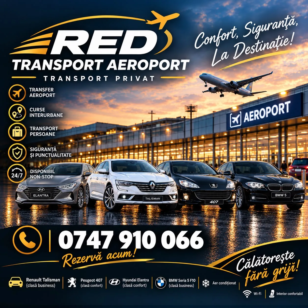 Flota RED Transport Aeroport în fața unui terminal de aeroport: Hyundai Elantra, Renault Talisman, Peugeot 407 și BMW Seria 5